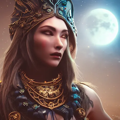 Prompt: portrait of moon sorceress, beautiful, attractive, glowing, jaw dropping, dynamic lighting, dark, menacing, intricate and detailed, 4 k octane render, age 2 0