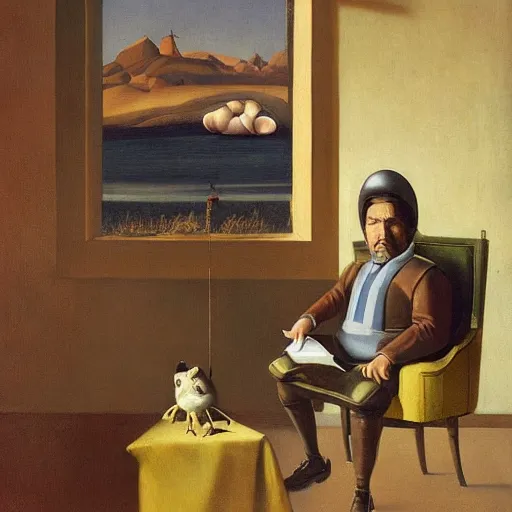 Prompt: Portrait of Norm Macdonald Chipmunk Priest standing atop an office chair whilst brandishing an acorn badge giorgio de chirico salvador dali greg rutkowski odd nerdrum simon stalenhag