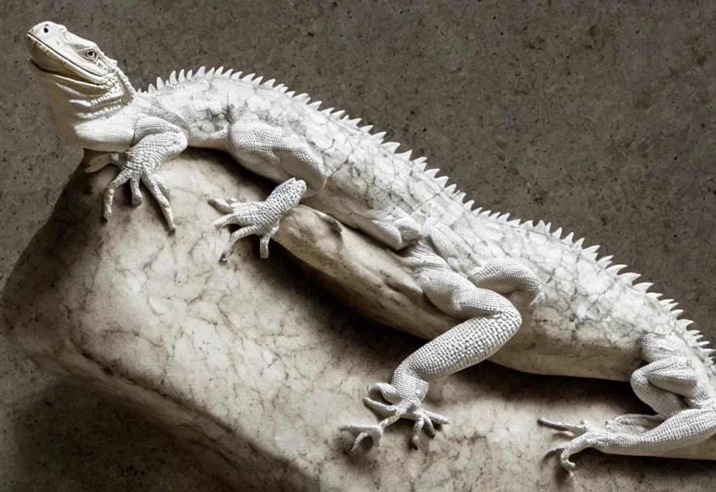 Prompt: photograph of a sculpture on marble white of a iguana , made from Gian Lorenzo Bernini, artstation, hyper realistic, drammatic light