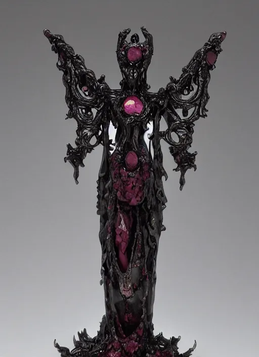 Prompt: award statue for best demon, occult inspired, grimdark gothic filigree rococo styling, made of polished faceted ivory, faceted ruby accents, infernal, museum lighting