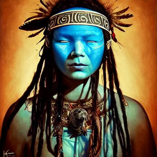 Image similar to A young blindfolded shaman woman with a decorated headband, in the style of heilung, blue hair dreadlocks and wood on her head, tribal piercing and tatoos , atmospheric lighting, intricate detail, cgsociety, ambient light, dynamic lighting, art by karol bak