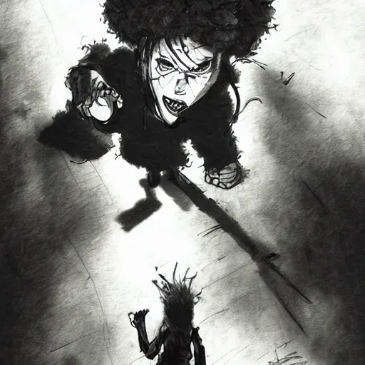 Prompt: scarlett johansson in a enraged drunken state, yelling at a teddy bear, afro samurai style, pencil and ink, greg rutkowski dynamic wide angle lens, dramatic lighting,