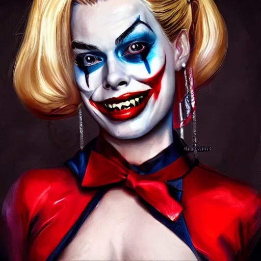 Image similar to Margot Robbie as Harley Quinn, kissing the joker, highly detailed, digital painting, artstation, concept art, smooth, sharp focus, illustration, art by jeff koons C 10.0