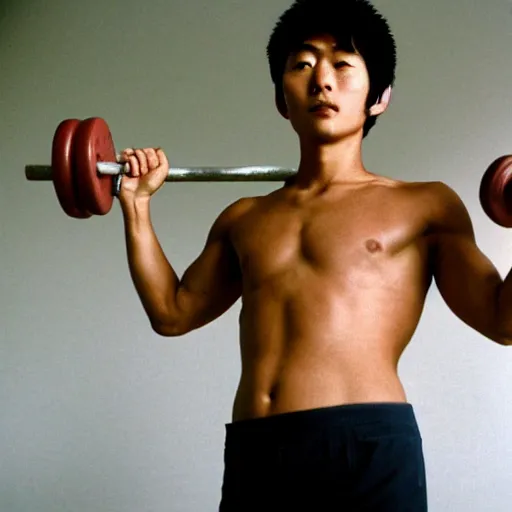 Prompt: A young Japanese man in his 20s shirtless with a big pregnant belly lifting weights, photographed by Steve McCurry