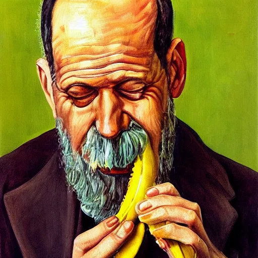 Prompt: “ painting of sigmund freud eating a peeled banana, freudian, by lucian freud ”