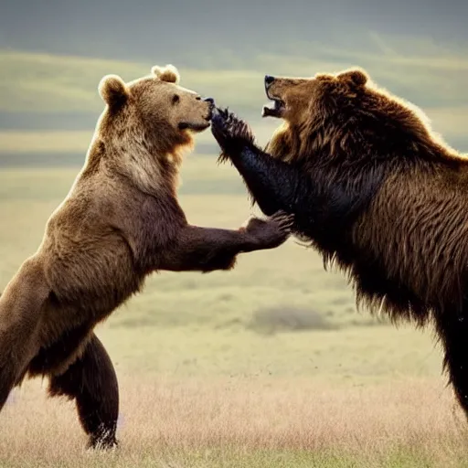 Image similar to a brown bear fighting a lion, professional nature photography, 8k, top image of all time on /r/natureismetal subreddit