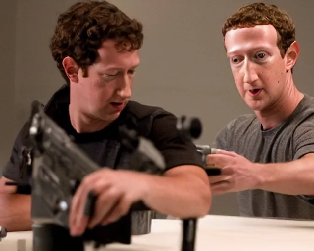 Image similar to mark zuckerberg plays terminator in scene where his endoskelet gets exposet, action film scene