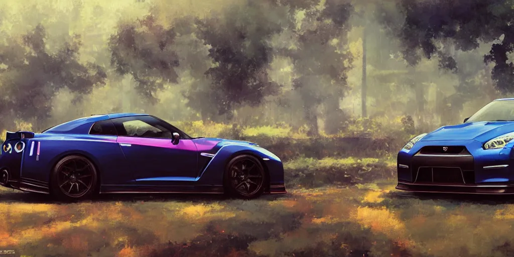 Prompt: A ultradetailed beautiful panting of Nissan GTR, Oil painting, by Ilya Kuvshinov, Greg Rutkowski and Makoto Shinkai