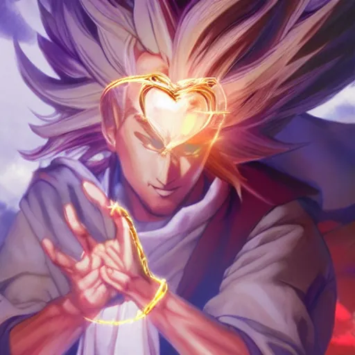 Prompt: Jesus christ transforming in super Saiyan while holding a shiny Sacred Heart, by Stanley Artgerm Lau, WLOP, Rossdraws, James Jean, Andrei Riabovitchev, Marc Simonetti, Yoshitaka Amano, ArtStation, CGSociety,