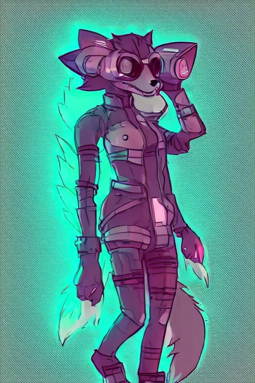 Image similar to a cyberpunk anthropomorphic fox with a fluffy tail, comic art, trending on furaffinity, cartoon, kawaii, backlighting, furry art!!!, neon, concept art