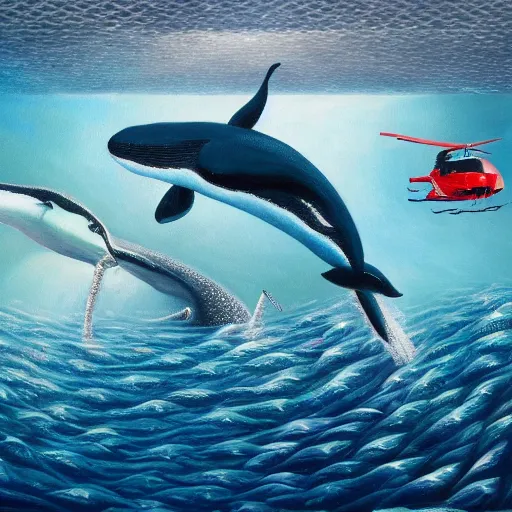 Image similar to an modern hyperrealistic painting, under the sea, helicopters flying underwater around a big whale