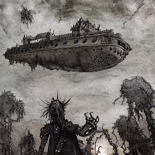 Image similar to Fantasy village, the inhabitant looking up at the sky. The sky is completely covered to the horizon by an incredibly giant airship-like ship. Extremely high detail, realistic, dark fantasy art, masterpiece, Arthur Rackham painting