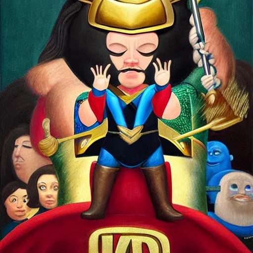 Image similar to Fernando Botero painting of MCU's Loki with his mighty staff, high definition art, extremely detailed