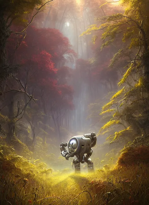 Image similar to Ancient overgrown Robot laying in a clearing, extremly detailed digital painting, sunlight, in the style of Tomasz Alen Kopera and Fenghua Zhong and Peter Mohrbacher, mystical colors, rim light, beautiful lighting, 8k, stunning scene, raytracing, octane, trending on artstation