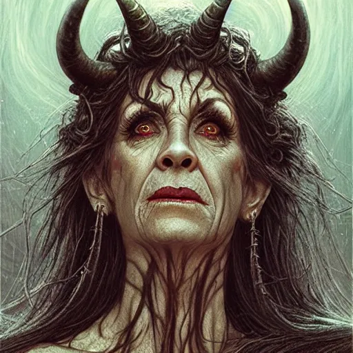 Image similar to head and shoulders portrait of an evil, black - skinned, horned night hag portrayed by reba mcintyre, d & d, fantasy, luis royo, magali villeneuve, donato giancola, wlop, krenz cushart