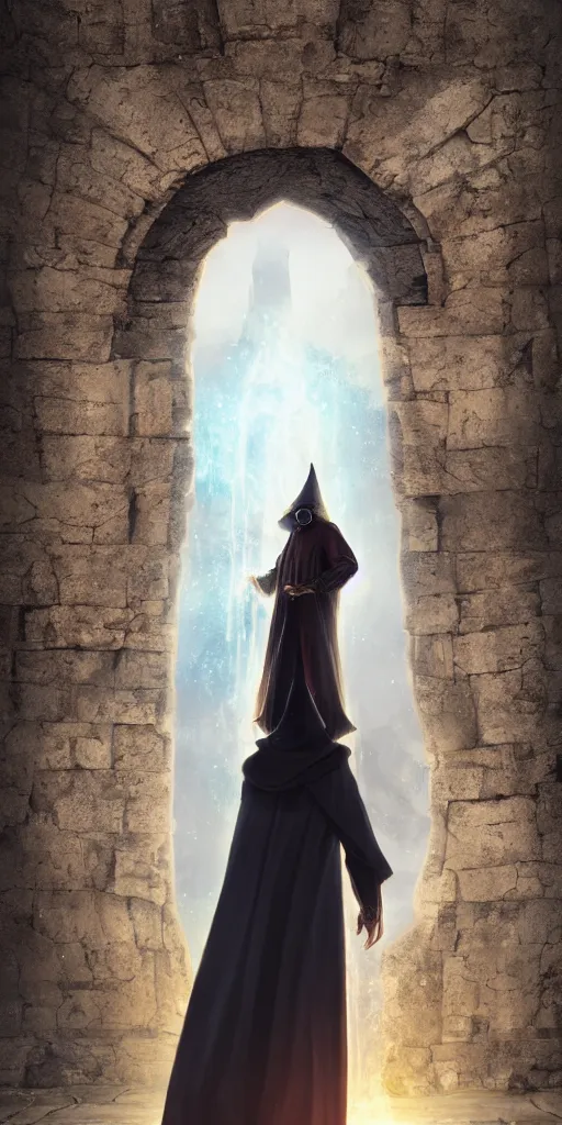 Image similar to a wizard in a cloak standing in front of an ancient portal to wisdom, tall door, high ceiling, magic light, light beam, cinematic atmosphere, high definition, ultra detailed