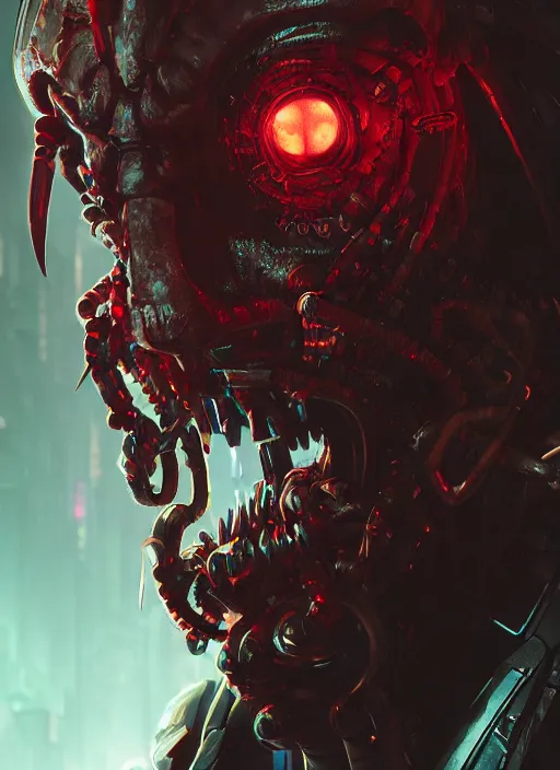 Image similar to cyberpunk portrait of a scary demon from doom, au naturel, hyper detailed, digital art, trending in artstation, cinematic lighting, studio quality, smooth render, unreal engine 5 rendered, octane rendered, art style by klimt and nixeu and ian sprigger and wlop and krenz cushart riot arcane overwatch