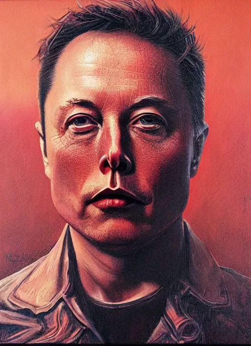 Image similar to A painting of Elon Musk in style of Beksinski. Very detailed