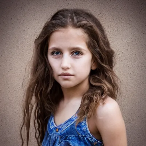 Prompt: a portrait of a 6 year old woman, long wavey hair, there is a lot of trust in her look, beautiful eyes, she has the face of her mother, ambient light