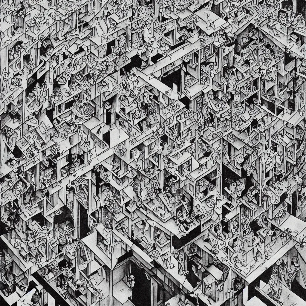 Image similar to last selfie on earth, drawed by M. C. Escher, colored by Hayao Miyazaki