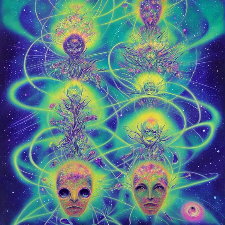 Prompt: psychedelic stars in the cosmos of spirit, by by peter rohrabacher annatto finnstark | flowers of purity, future plants, leiko ikemura, featured on cgsociety, pop surrealism, ilya kuvshinov | sparkling atom fractules of skulls and mechs deep under the spine, fantasy, surrealist pop painting, by alex grey and hr giger