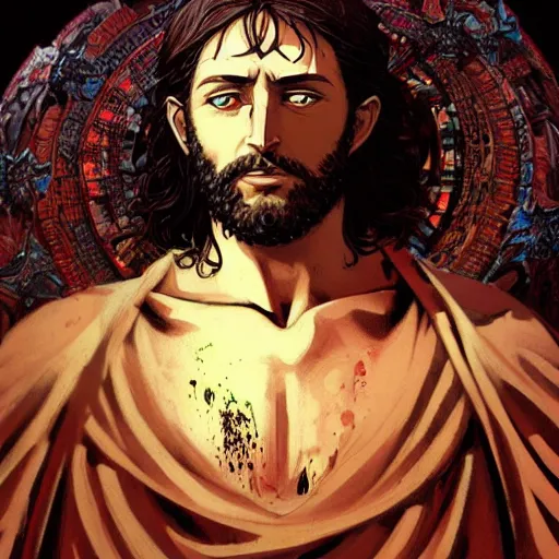 Image similar to 4K headshot of godlike Jesus of Nazareth with defined arms and open hands and bloody clothes with giant mandala wings , intricate face , flawless anime cel animation by Kentaro Miura, psychedelic , highly detailed upper body , professionally post-processed , beautiful, scary, symmetry accurate features, epic, octane rendered, anime masterpiece, accurate by Craig Mullins, ilya kuvshinov, krenz cushart, epic , artgerm trending on artstation by Edward Hopper and Dan Mumford and WLOP and Rutkovsky, beksinski carl spitzweg moebius and tuomas kocar, intricate artwork by caravaggio, Unreal Engine 5, Lumen, Nanite