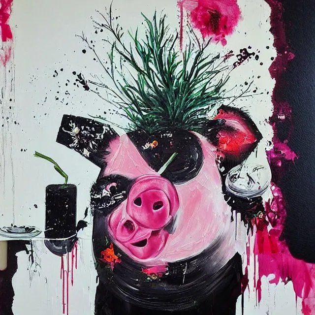 Image similar to “ a portrait in a female art student ’ s apartment, sensual, a pig theme, art supplies, paint tubes, ikebana, herbs, a candle dripping white wax, black walls, squashed berries, berry juice drips, acrylic and spray paint and oilstick on canvas, surrealism, neoexpressionism ”