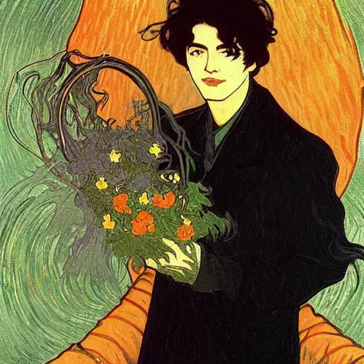 Image similar to painting of young cute handsome beautiful dark medium wavy hair man in his 2 0 s named shadow taehyung and cute handsome beautiful min - jun together at the halloween witchcraft party with bubbling cauldron, melancholy, autumn colors, elegant, painting, stylized, gorgeous eyes, soft facial features, delicate facial features, art by alphonse mucha, vincent van gogh, egon schiele