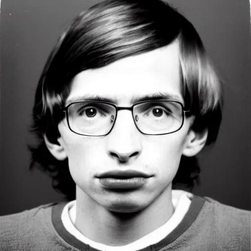 Image similar to Mugshot Portrait of Young Stephen Hawking, taken in the 1970s, photo taken on a 1970s polaroid camera, grainy, real life, hyperrealistic, ultra realistic, realistic, highly detailed, epic, HD quality, 8k resolution, body and headshot, film still, front facing, front view, headshot and bodyshot, detailed face, very detailed face