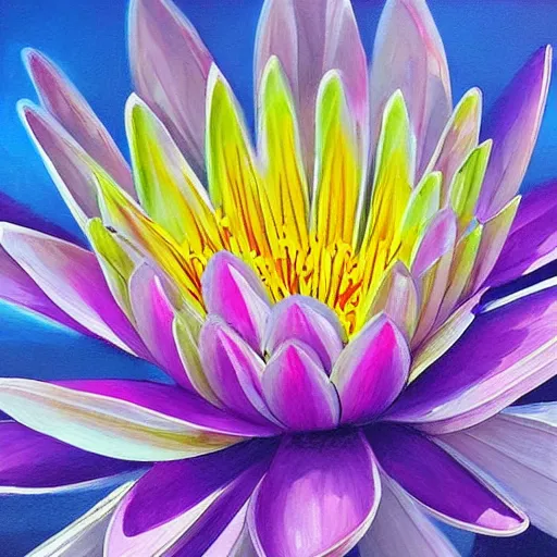 Prompt: waterlily flower, bright colors, painting, detailed, magical environment, peaceful, beautiful, artwork, realistic detail, natural lighting, brush strokes, pintrest, behance