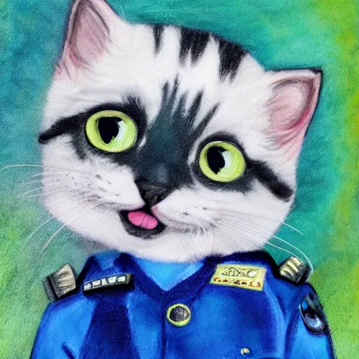 Image similar to a kitten with light blue cartoon eyes looking very happy with a cheeky grin, wearing a police uniform, portrait with pastel paints