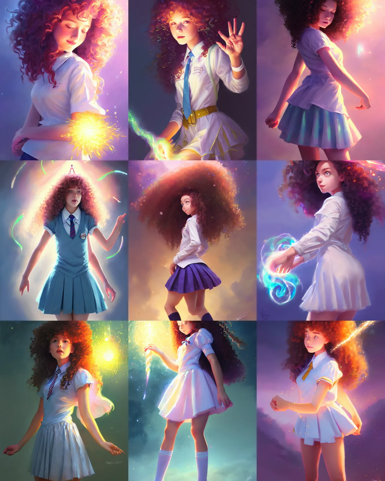 Image similar to innocent young teen girl, magical school student uniform, curly hair, casting a bright large-scale magical spell around herself, overflowing energy, highly detailed, digital painting, trending on artstation, pixiv, concept art, sharp focus, illustration, art by Ross Tran and Greg Rutkowski and Walt Disney animation