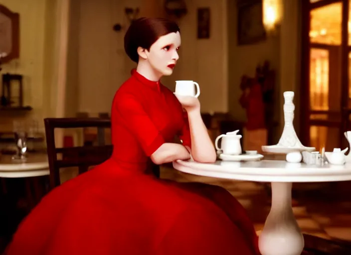 Image similar to movie still of a woman in a red dress made out of porcelain sitting at a table in a cafe, smooth white skin, creepy, directed by Guillermo Del Toro