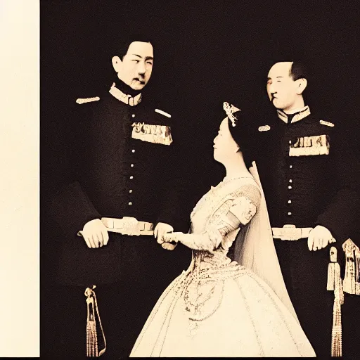 Image similar to An extreme closeup shot, colored black and white Russian and Japanese mix historical fantasy photographic portrait of a Royal wedding of the empress and emperor exchanging the wedding rings, golden hour, warm lighting, 1907 photo from the official wedding photographer for the royal wedding.