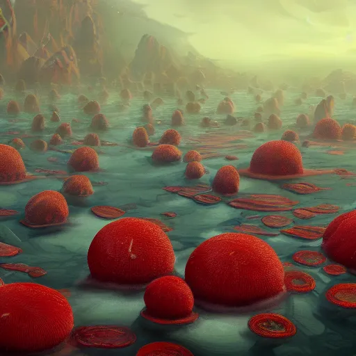 Prompt: a beautiful detailed matte painting of seaweed growing out of strange scarlet mushrooms, pattern, fractals, moebius, trending on artstation