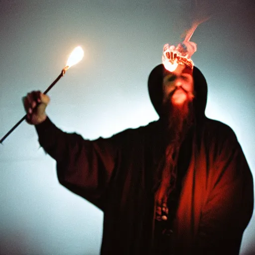 Prompt: portrait of an evil sorcerer performing a malevolent incantation, ominous dramatic low light, gritty high contrast, kodak portra 8 0 0, f 1. 8 8 5 mm zeiss lens