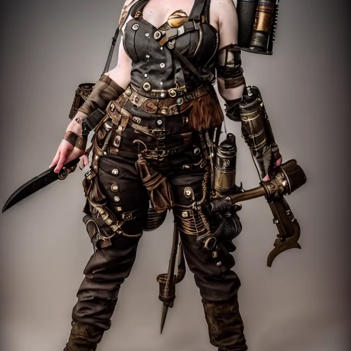 Image similar to full length photograph of a real - life very beautiful dieselpunk warrior. extremely detailed. dslr. 8 5 mm.