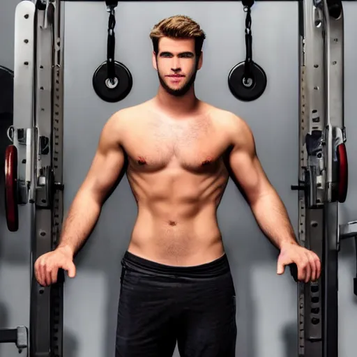 Image similar to a realistic detailed photo of a guy who is an attractive humanoid who is half robot and half humanoid, who is a male android, actor liam hemsworth, shiny skin, posing like a statue, blank stare, at the gym, on display, showing off his muscles