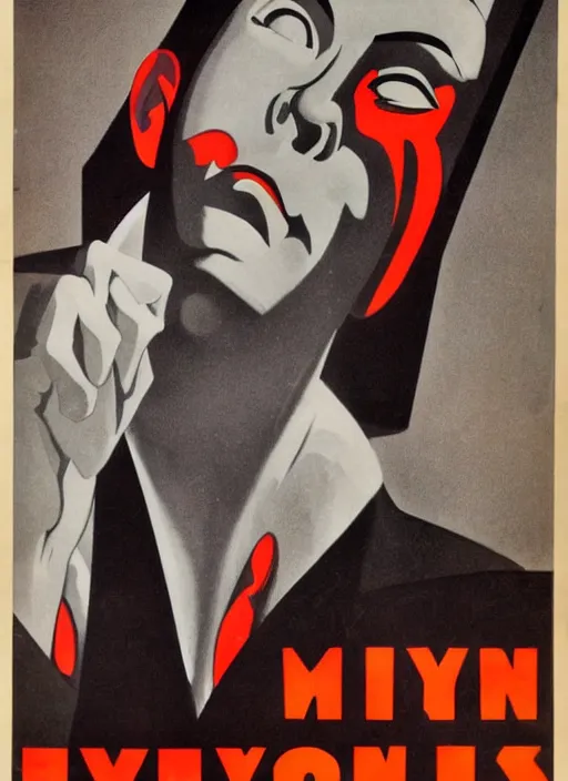 Prompt: mystery man with red eyes 1940s propaganda poster, full hd,highly detailed