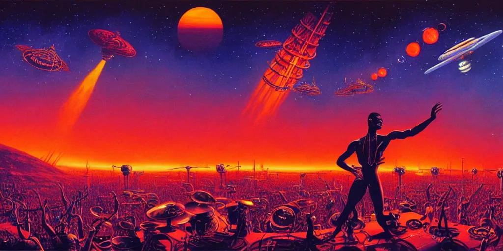 Prompt: a wide - angle detailed painting of fela performing on stage to millions of aliens, while spaceships cover the orange - colored sky, by bruce pennington, dan mumford.