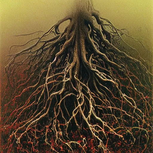 Prompt: ward - winning painting of pitch black, tar - like, shadow roots with lots of tendrils spreading everywhere, intricate detail, deep black roots, infestation, shadowy, lovecraftian, beksinski