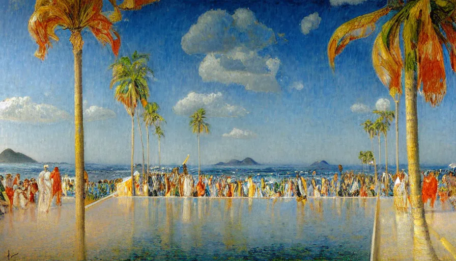 Image similar to a ultradetailed beautiful painting of the thunderstorm sky of the rio de janeiro palace balustrade designed by jules bastien - lepage, tarsila do amaral, frank weston and gustave baumann, beach, trending on artstation, mediterranean, palm trees, sharp focus, colorful refracted sparkles and lines, soft light, 8 k 4 k