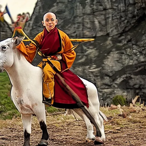 Prompt: aang the last airbender rides a spotted cow into battle circa 1 8 3 0