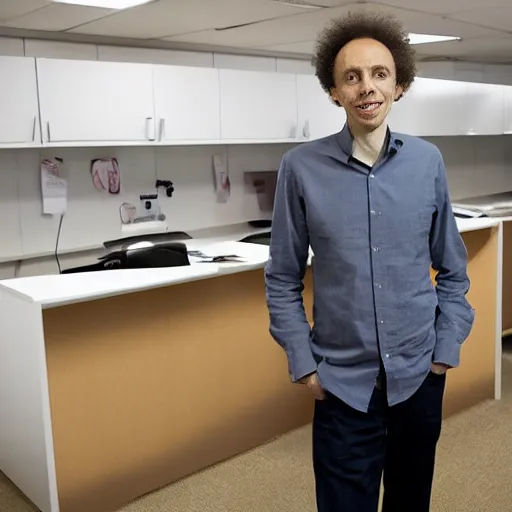Image similar to malcolm gladwell in an office break room