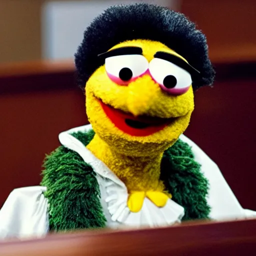 Prompt: a hyperrealistic portrait of the sesame street bert wearing a white lawyer's wig in a courtroom, fuji film, intricate details. believable eyes. front on, symmetrical. head to shoulders shot.