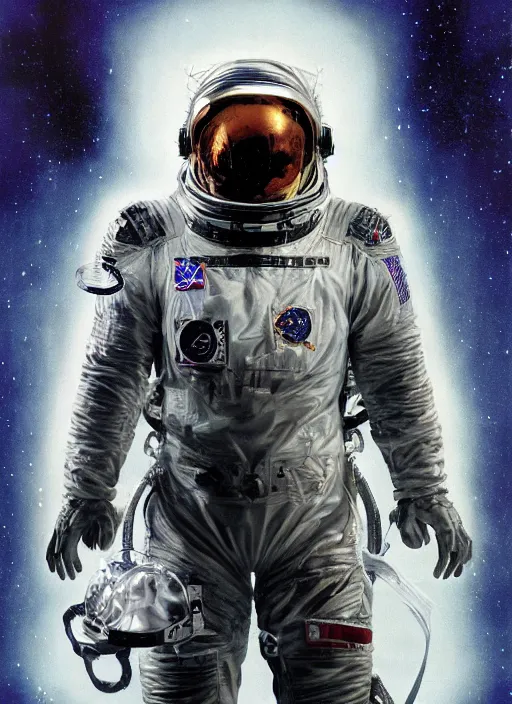 Image similar to astronaut in dark void underwater - complex and hyperdetailed technical suit design. reflection and dispersion materials. rays and dispersion of light. volumetric light. f / 3 2. noise film photo. flash photography. ultra realistic, 5 0 mm. poster by wayne barlowe, hajime sorayama aaron horkey, craig mullins