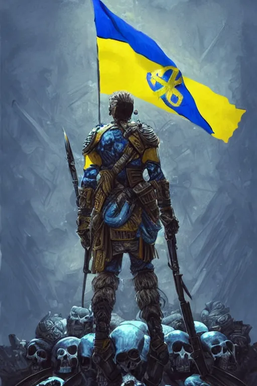 Prompt: a distant shot from behind of a Ukrainian super soldier with blue and yellow flag behind him standing alone on a huge pile of skulls as a winner, masculine muscular figure, D&D, fantasy, intricate, elegant, highly detailed, extremely detailed, digital painting, artstation, concept art, matte, sharp focus, symmetrical, illustration, art by Artgerm and Greg Rutkowski and Alphonse Mucha
