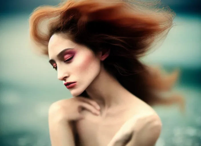 Image similar to cinestill 5 0 d photo of a pre - raffaellite beautiful woman, dreamy, subsurface scattering, hair floating in air in style of paolo roversi, 1 5 0 mm lens, f 1. 2, sharp focus, emotionally evoking, head in focus, stormy outdoor, matt dreamy colour background, volumetric lighting, hyper realistic, ultra detailed