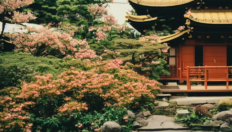 Image similar to 1 9 9 0 s candid 3 5 mm photo of a beautiful day in the a dreamy japanese flowery cottage designed by gucci, cinematic lighting, cinematic look, golden hour, a desk for flower arrangements and journaling has sun shinning on it through a window, temple in the distance, uhd