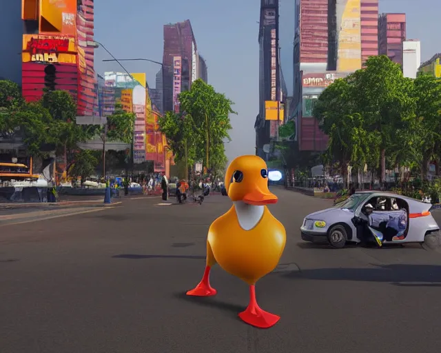 Prompt: A cyborg duck directing traffic in a busy street in India. Sharp focus, futuristic style, cyberpunk, volumetric lighting, 8K high definition, highly detailed, trending on artstation